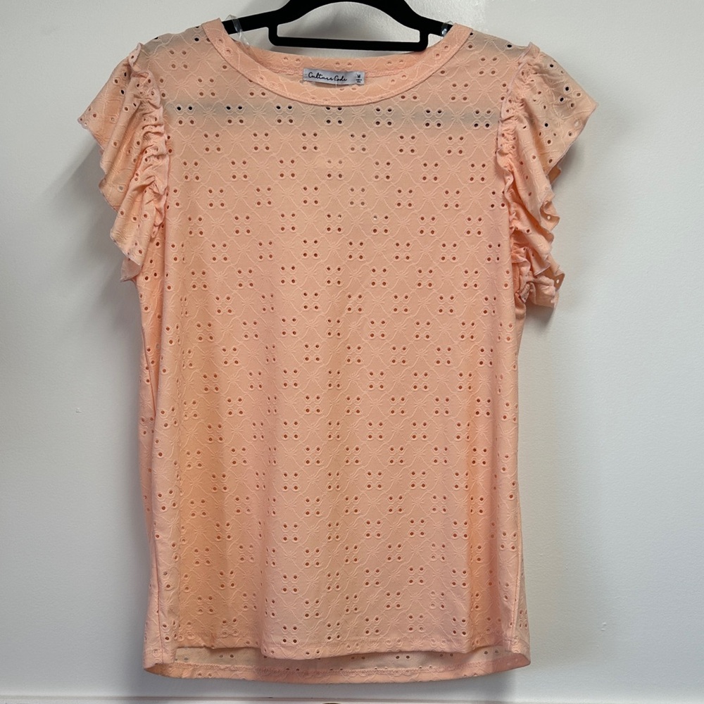 Elegant Peach Eyelet Ruffle Sleeve Blouse